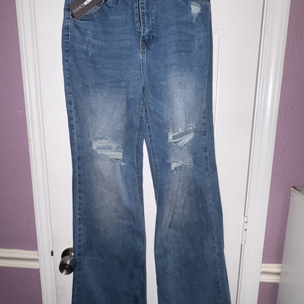 Fashion Nova NWT Blue Distressed Bell Jeans